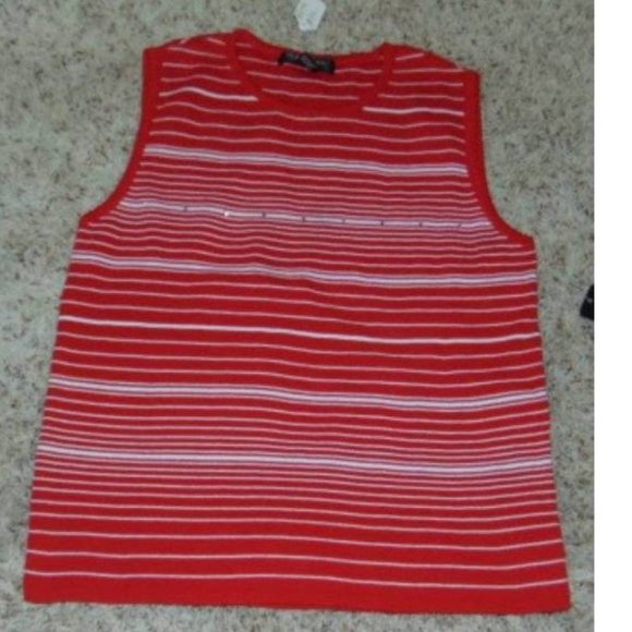 Womens Cardigan Sweater Set Rafael Large Red White Striped Sleeveless Shirt 2 Pc - Picture 5 of 7